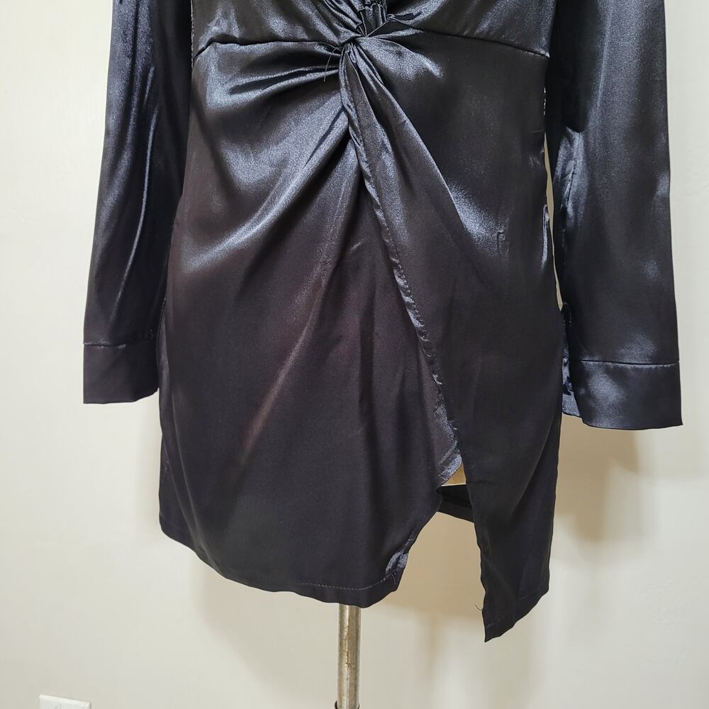 Satin Black Faux Wrap Front Plunge Mini Dress V Neck Twist Size Medium - Picture 5 of 8